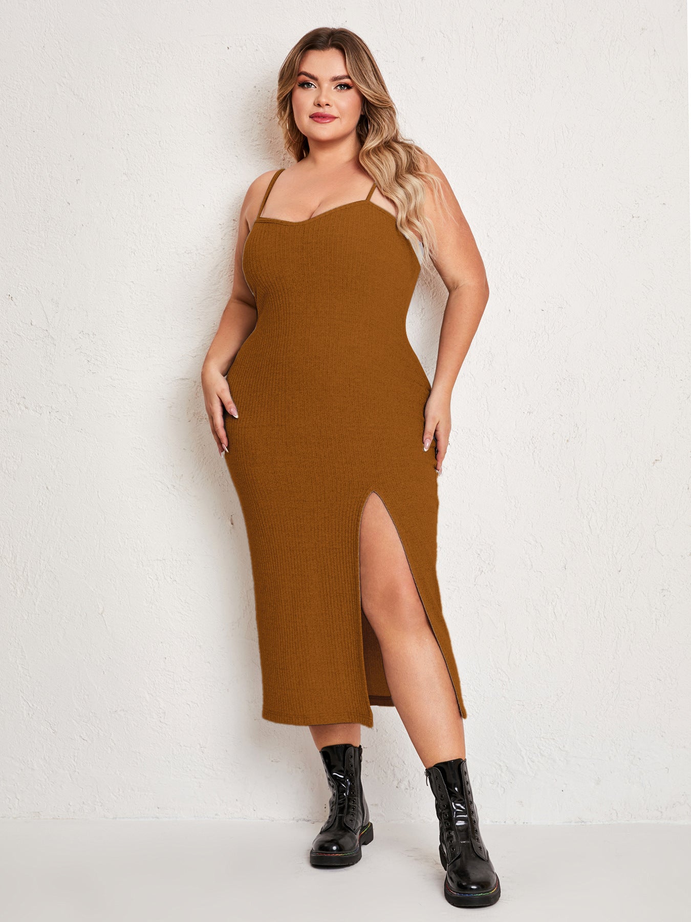 Plus Size Women Dress Simple Suit Outer Strap Backless Dress High Slit - Her Casuals