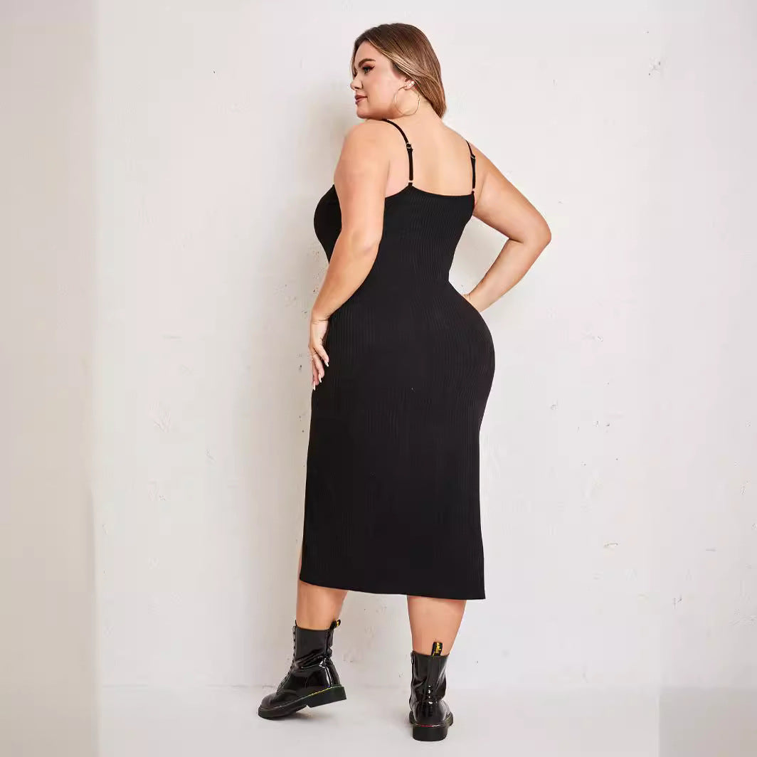 Plus Size Women Dress Simple Suit Outer Strap Backless Dress High Slit - Her Casuals