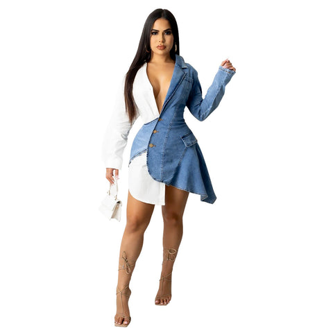 Sexy V neck Denim Stitching Irregular Asymmetric Dress Plus Size - Her Casuals