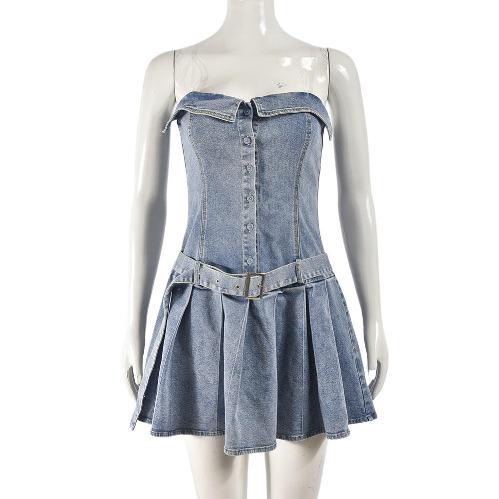 Corset Belt Sexy Sexy Pleated Off Shoulder Stretch Denim Dress - Her Casuals