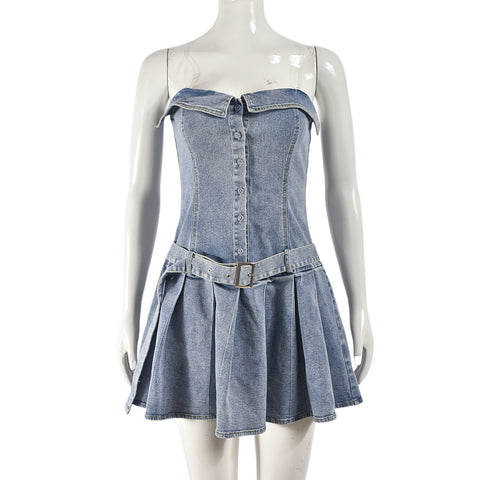 Corset Belt Sexy Sexy Pleated Off Shoulder Stretch Denim Dress - Her Casuals