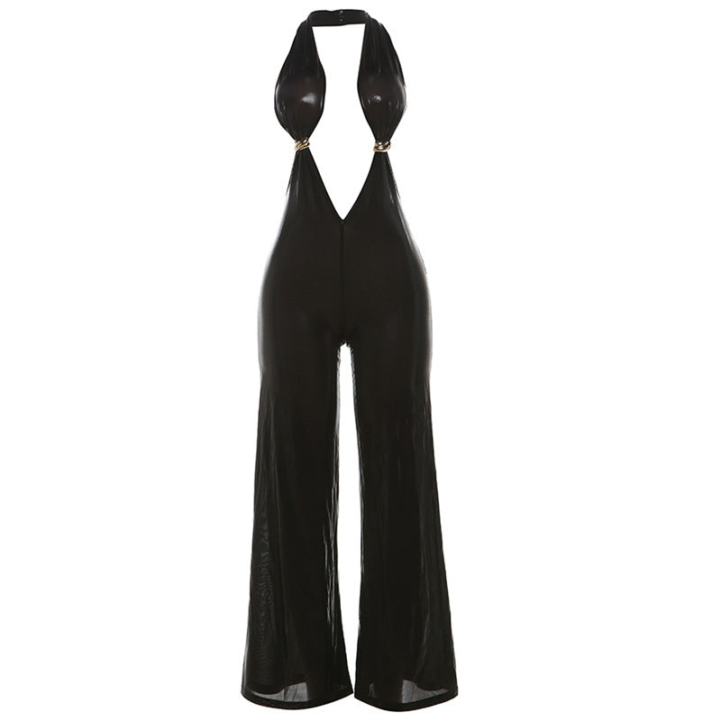 Cropped Halter Backless Faux Leather Wide Leg Jumpsuit - Her Casuals