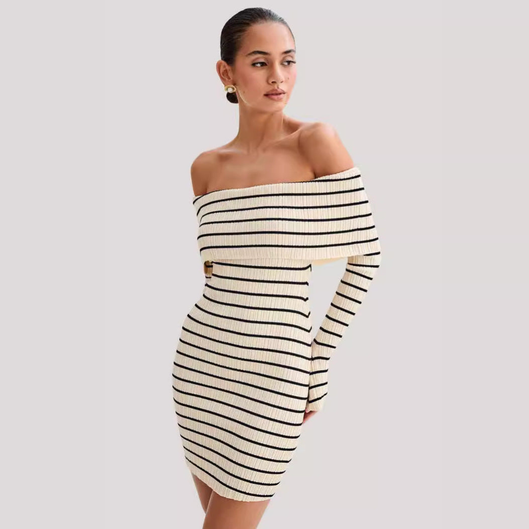 Striped Long Sleeve Off Shoulder Dress - Her Casuals