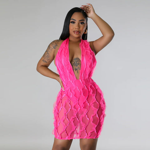 Wave Pattern Sexy Deep V Plunge Halter Short Dress - Her Casuals