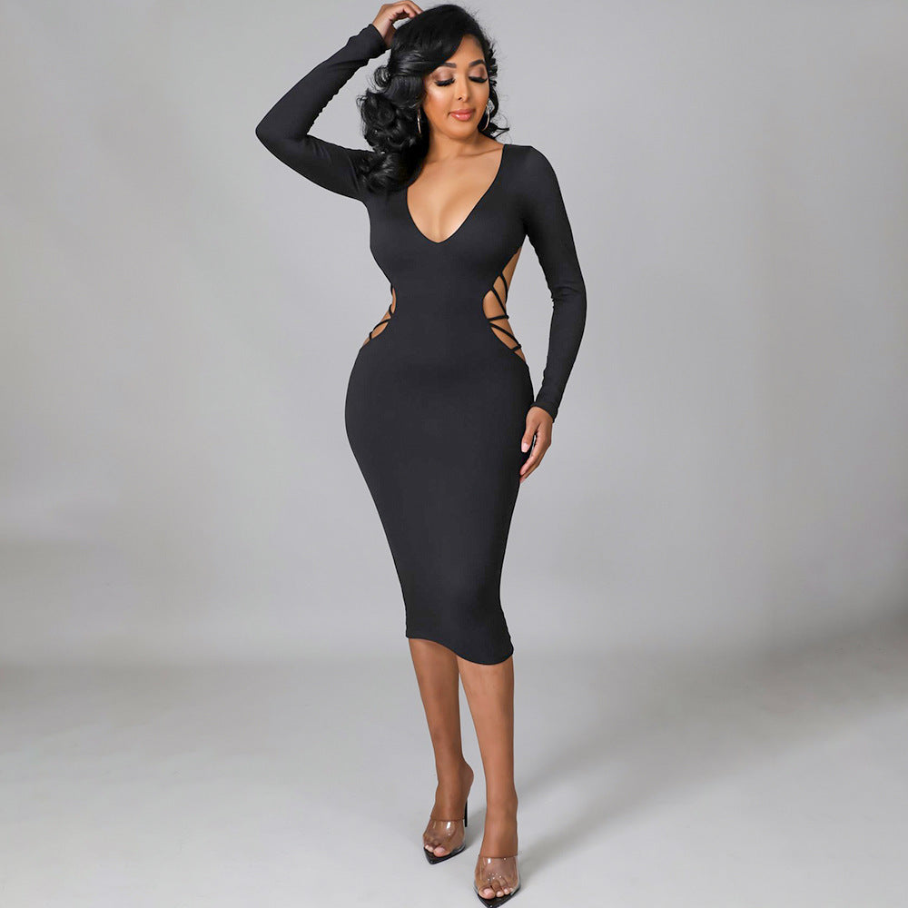 Sexy Tight Backless Hollow Out Cutout out V neck Dress - Her Casuals