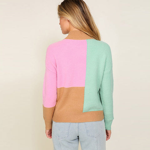 Multi Color Mosaic Pullover Casual Loose Round Neck Long Sleeve Top