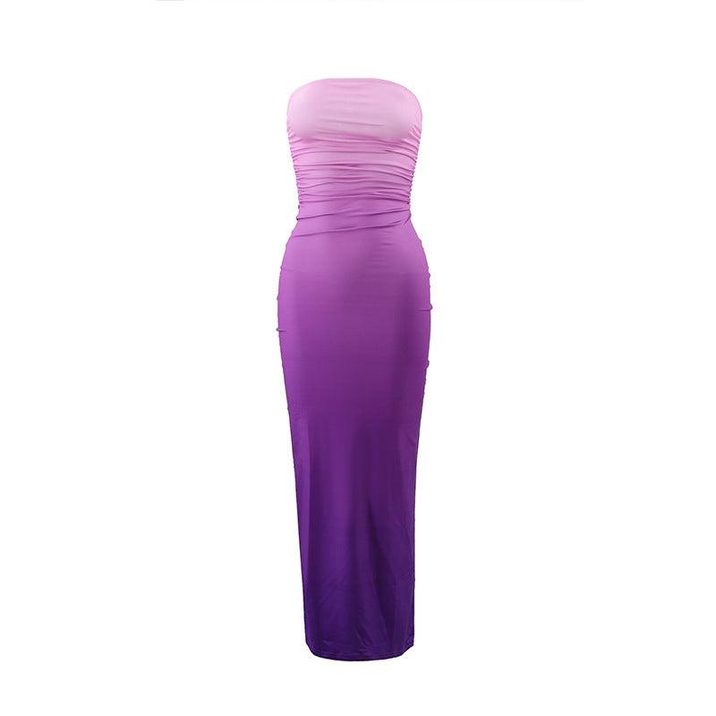 Sexy Tube Top Gradient Color Mid Length One Step Dress - Her Casuals