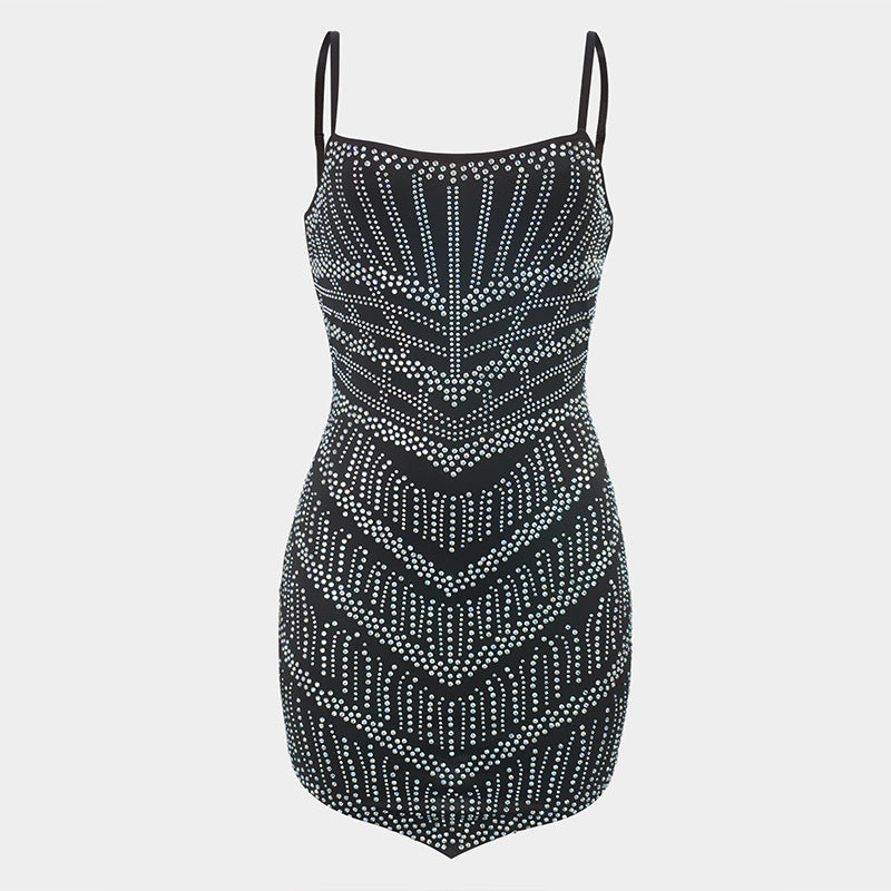 See Through Mesh Rhinestone Sling Sheath Dress - Her Casuals