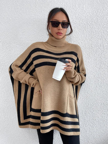 Turtleneck Striped Batwing Sleeve Cape Shawl Sweater