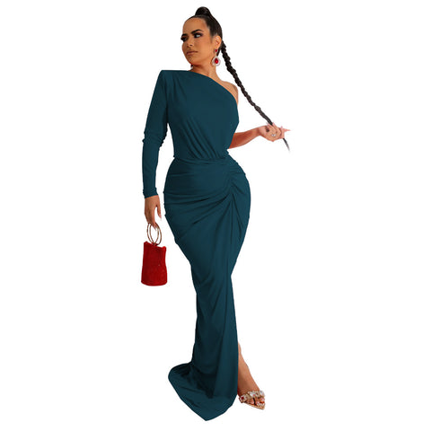 Women Clothing Autumn Oblique Shoulder Pleated Solid Color Dress Maxi Dress - Her Casuals