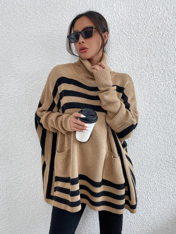 Turtleneck Striped Batwing Sleeve Cape Shawl Sweater