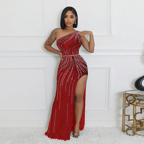 Sexy Oblique Shoulder Rhinestone High Slit Evening Dress - Her Casuals