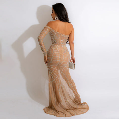 Sexy Off Shoulder See-through Rhinestone High Slit Dress - Her Casuals