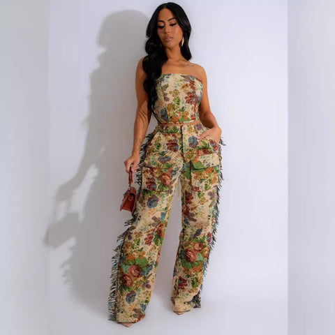 Chest Wrapped Tassel Trousers Women Jacquard Set - Her Casuals