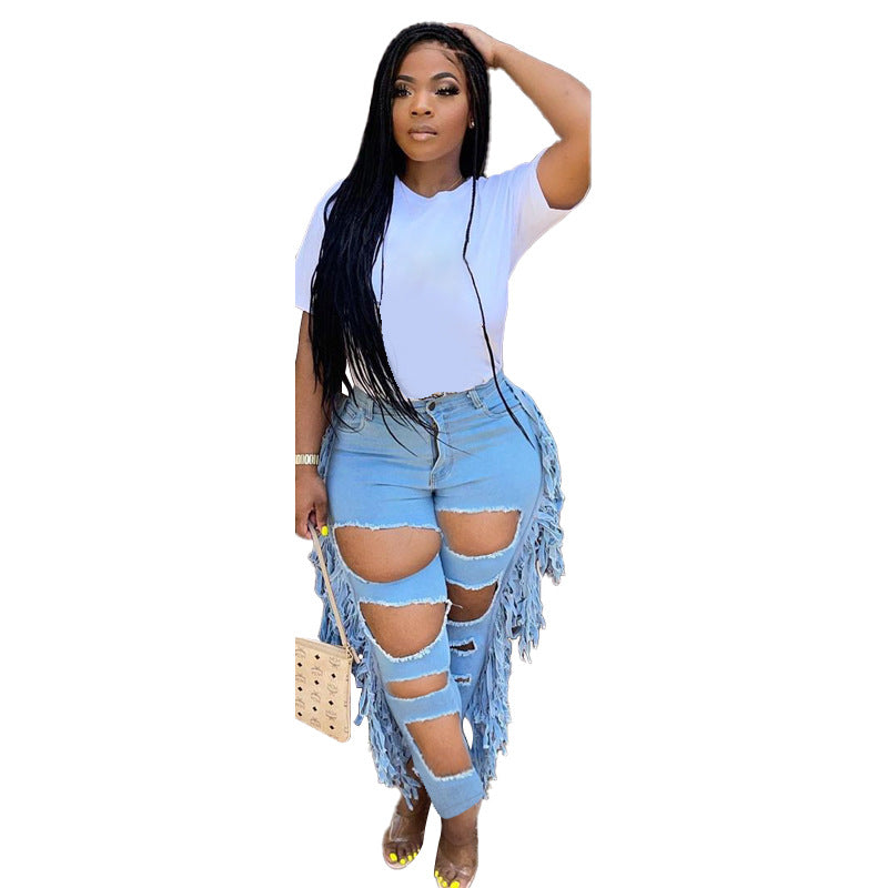 Plus Size Mid Waist Ripped Tassel Trendy Women Stretch Jeans - Her Casuals