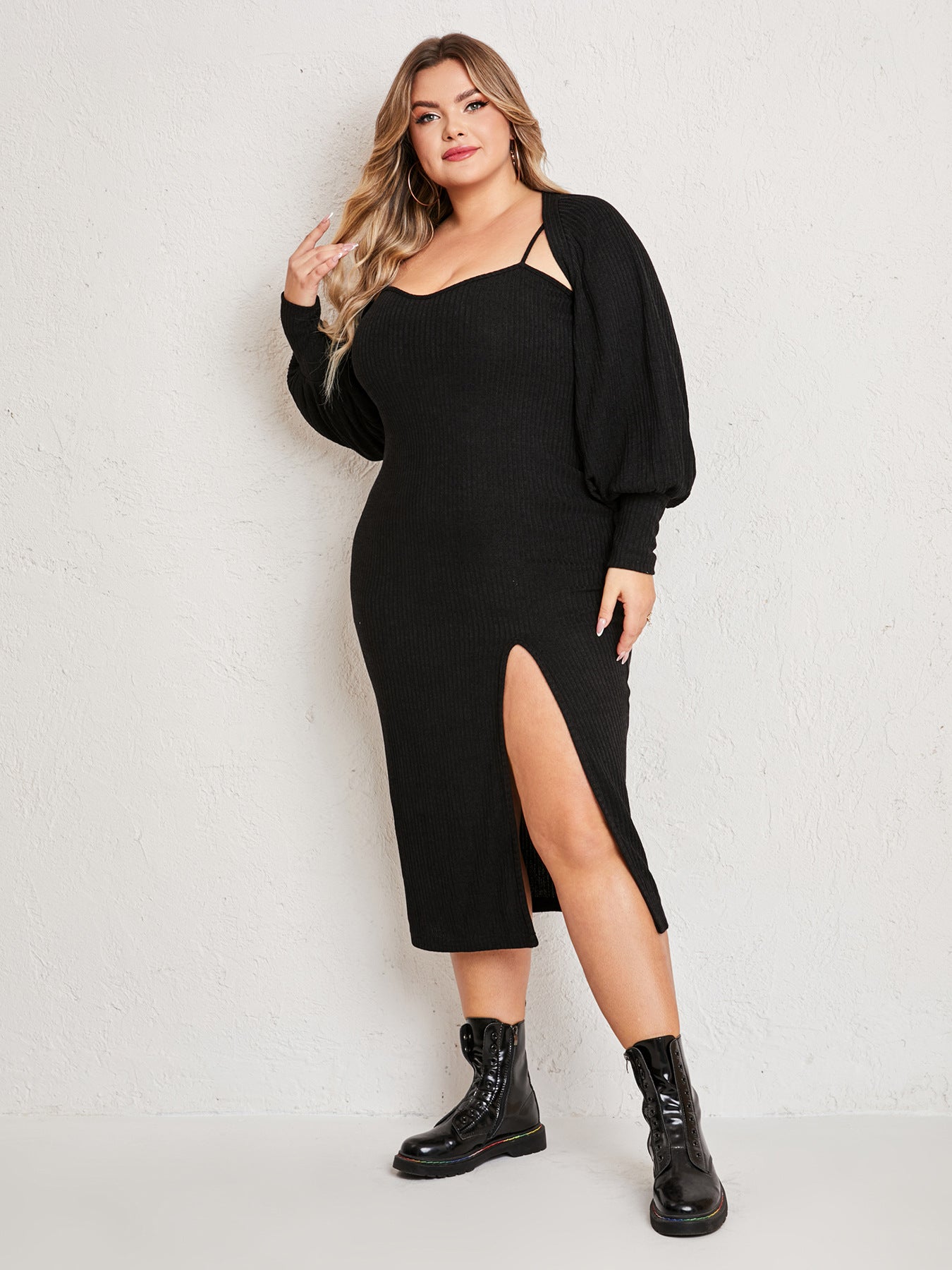 Plus Size Women Dress Simple Suit Outer Strap Backless Dress High Slit - Her Casuals