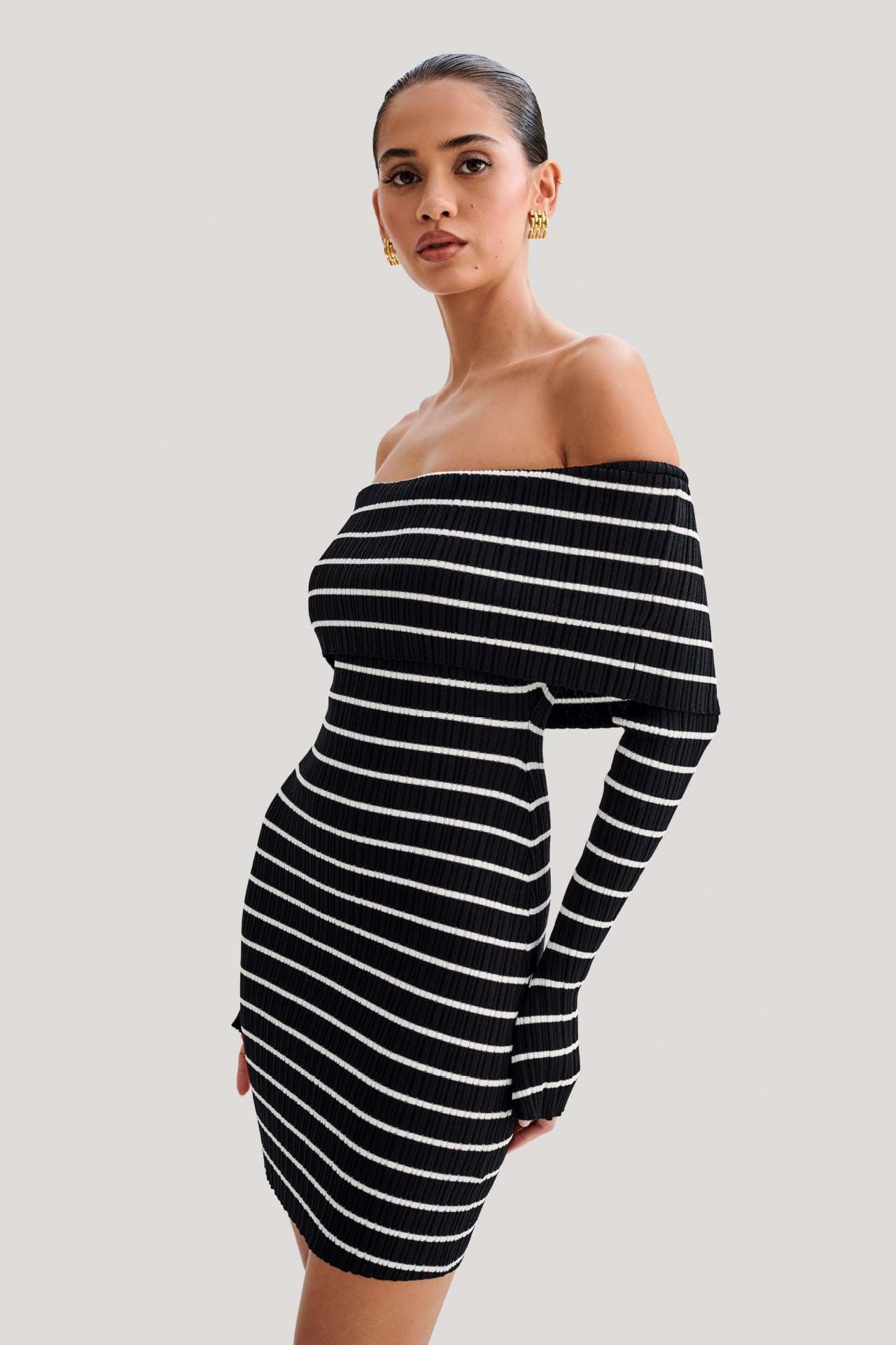 Striped Long Sleeve Off Shoulder Dress - Her Casuals