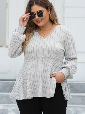 V Neck Sunken Stripe Fleece Lantern Sleeve - Her Casuals