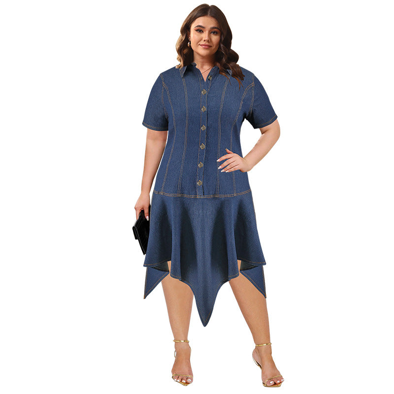 Denim Collared Short Sleeve Button Mid Length Dress - Her Casuals