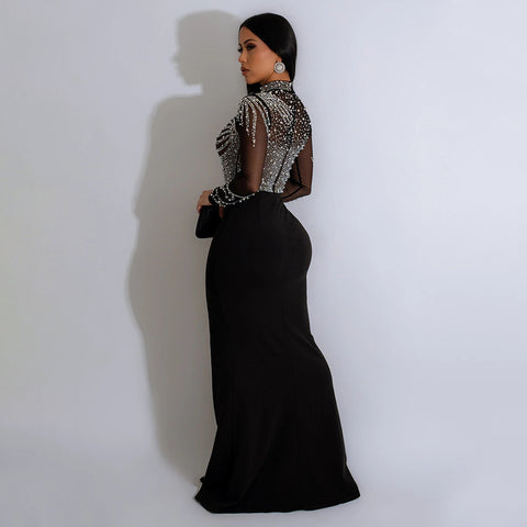 Long Sleeve High Slit Rhinestone See through Dress - Her Casuals