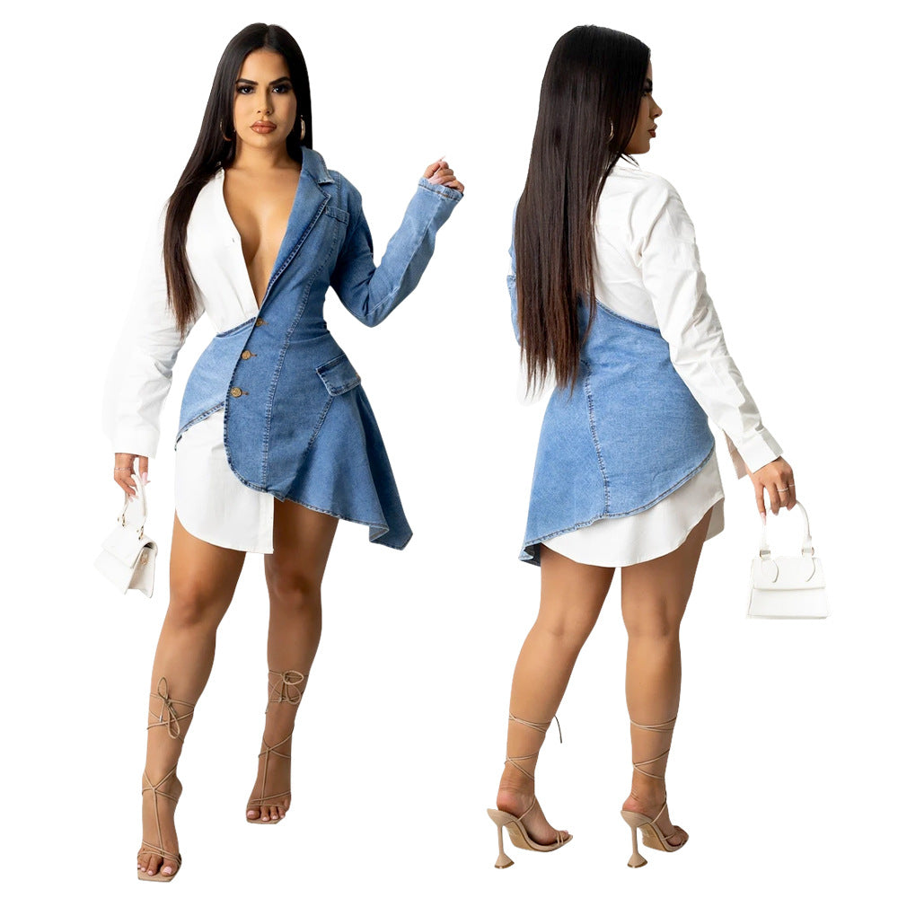 Sexy V neck Denim Stitching Irregular Asymmetric Dress Plus Size - Her Casuals