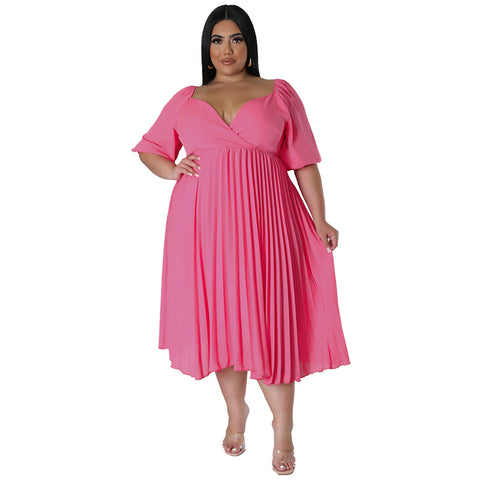 Plus Size V neck Hem Pleated Short Sleeve Dress - Her Casuals