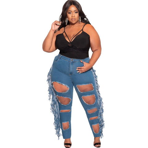 Plus Size Mid Waist Ripped Tassel Trendy Women Stretch Jeans - Her Casuals