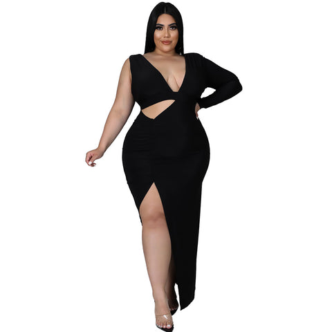 Solid Color Single Sleeve Sexy Hollow Out Cutout Maxi Dress - Her Casuals