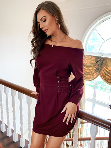 One-Shoulder Lace-Up Solid Color Dress - Her Casuals