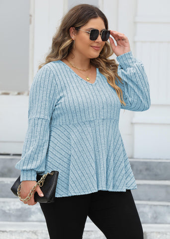 V Neck Sunken Stripe Fleece Lantern Sleeve - Her Casuals