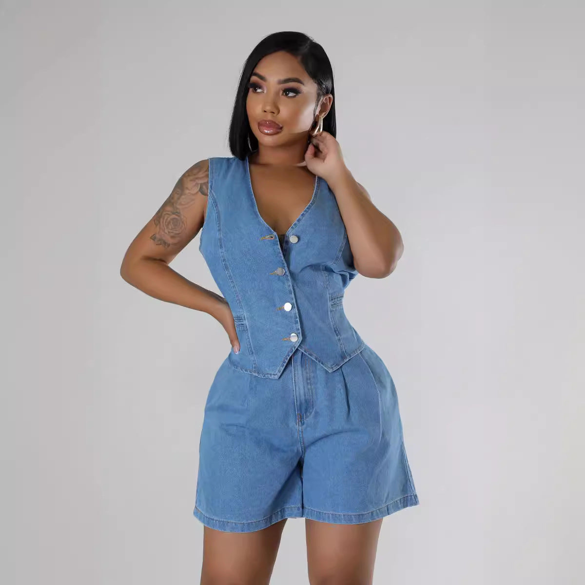 Summer Casual Sleeveless High Waist Women Denim Shorts Sets - Her Casuals