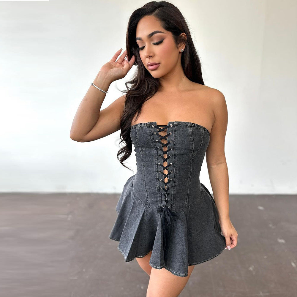 Zipper Lace up Bandeau Sexy Bra Straps Short Dress - Her Casuals