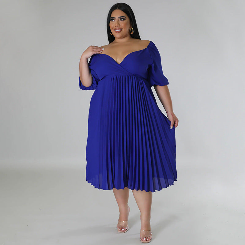 Plus Size V neck Hem Pleated Short Sleeve Dress - Her Casuals