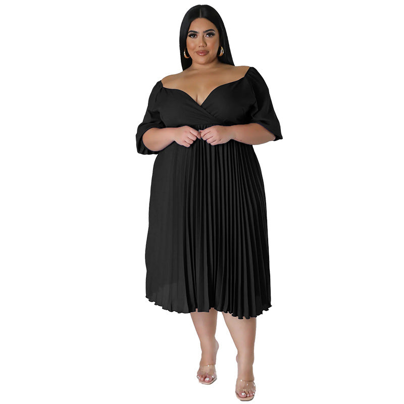 Plus Size V neck Hem Pleated Short Sleeve Dress - Her Casuals