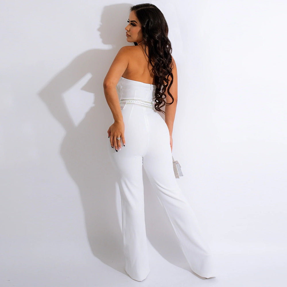 Tube Top Rhinestone See through V neck Jumpsuit Slim Fit - Her Casuals