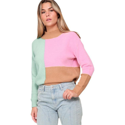 Multi Color Mosaic Pullover Casual Loose Round Neck Long Sleeve Top