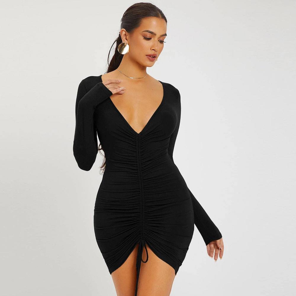 Sexy V-neck Drawstring Long-Sleeved Dress - Her Casuals