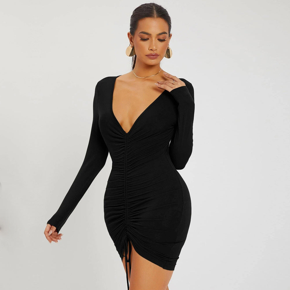 Sexy V-neck Drawstring Long-Sleeved Dress - Her Casuals